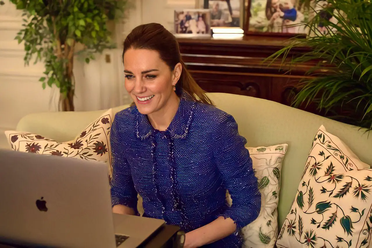 The Duchess of Cambridge wore Rebecca Taylor Sparkle Tweed Ruffle Jacket and Skirt for the video call