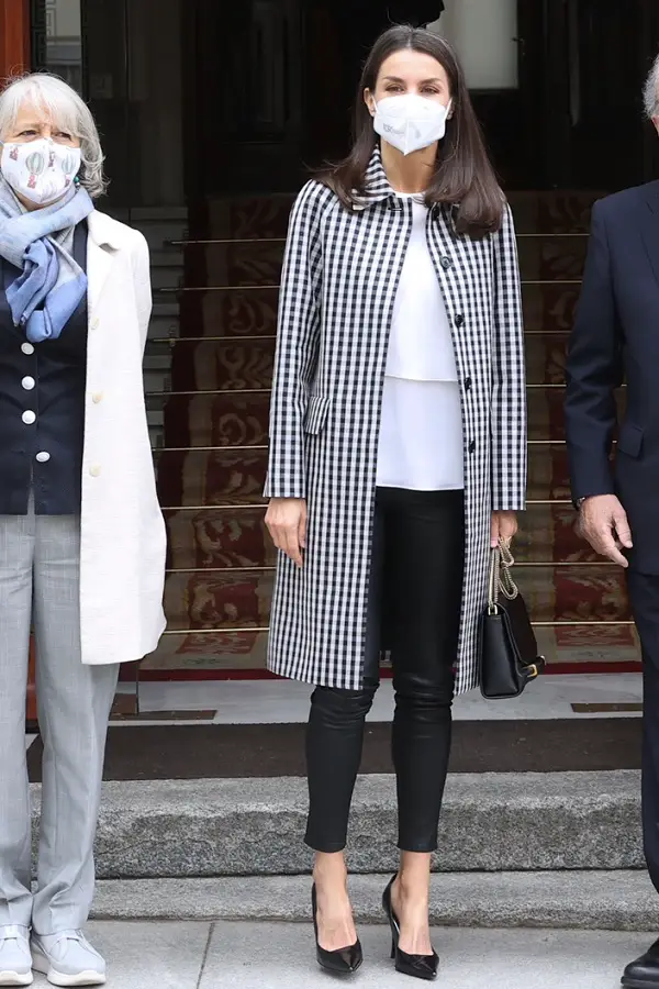 Queen Letizia wore Black and White gingham print Mirto Waterproof Trench Coat at Royal Spanish Academy Meeting