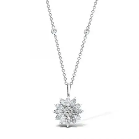 The Duchess of Cambridge first wore Asprey London Daisy Diamond Pendant Necklace in the 10th Wedding Anniversary portraits.