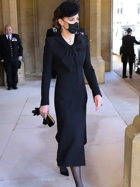 The Duchess of Cambridge wore black Catherine Walker Beau Tie Coat Dress at the Funeral of Prince Philip