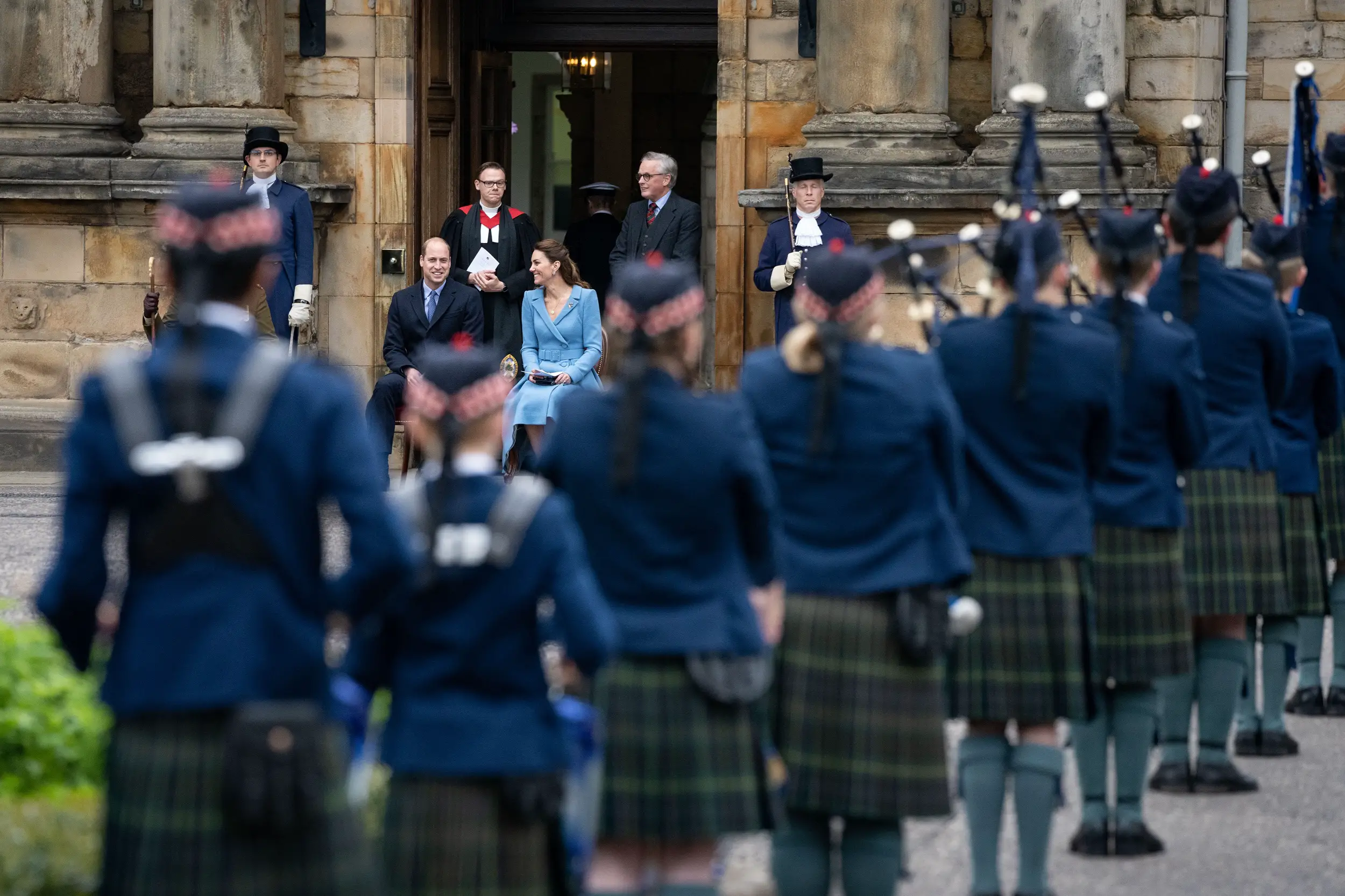 The Duke and Duchess of Cambridge attended a Beating Retreat by The Massed Pipes and Drums of the Combined Cadet Force in Scotland at the Palace of Holyroodhouse.