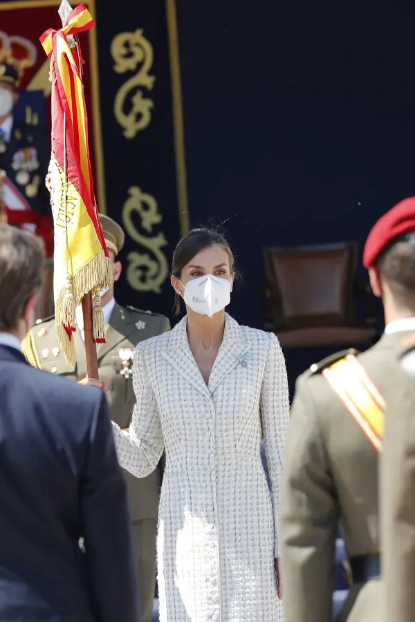 Queen Letizia in Felipe Varela for Flag Presentation