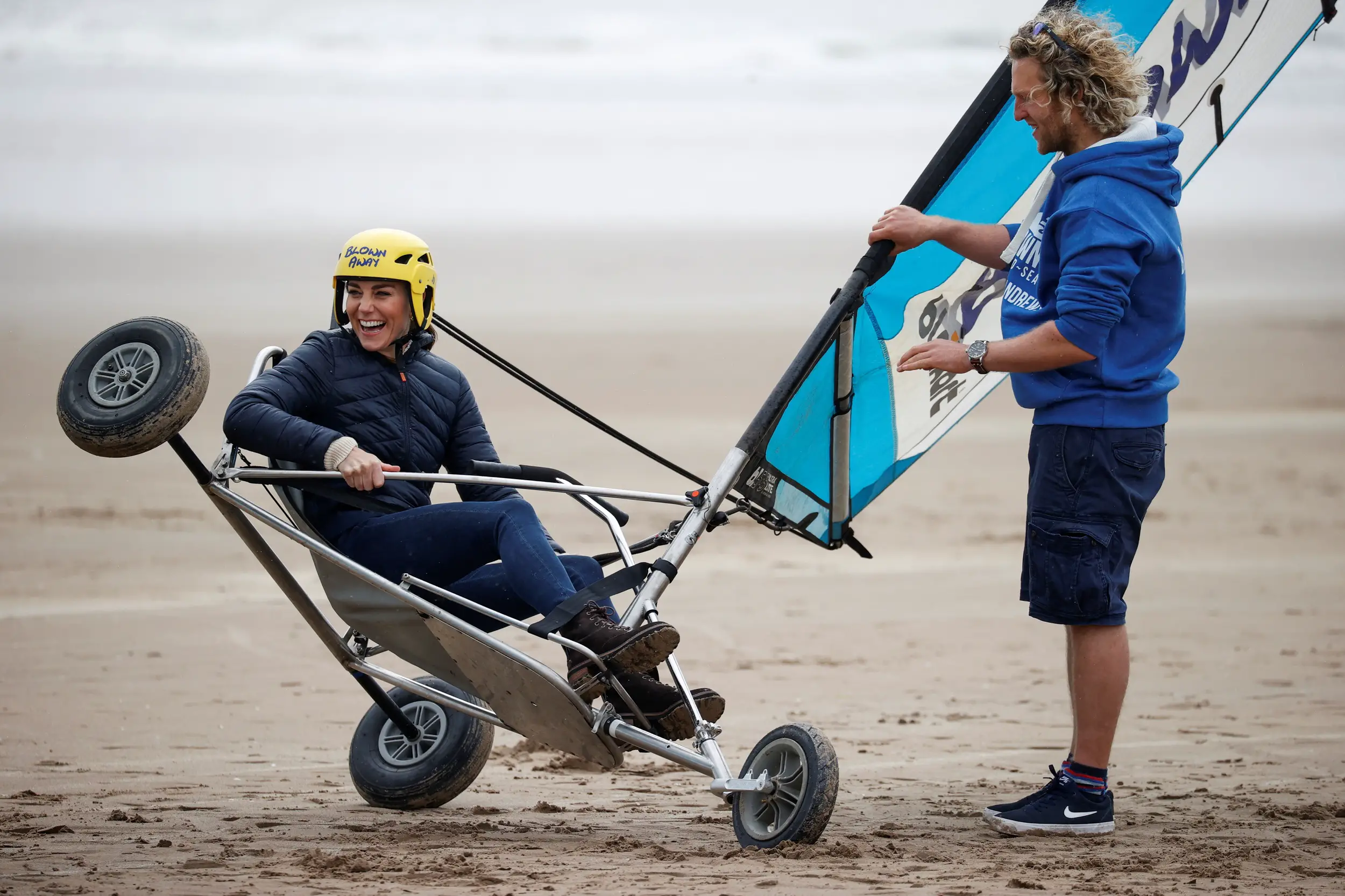 The couple performed figures of eight in the wind-powered buggies on the West Sands beach at the coastal Scottish town