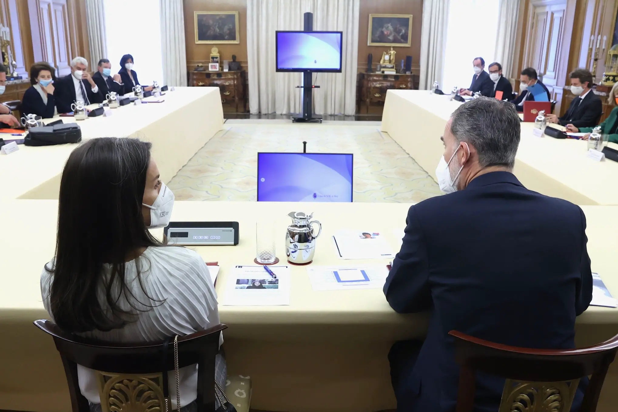 King Felipe and Queen Letizia of Spain attended the twenty-eighth meeting of the Delegate Commission of the Princess of Girona Foundation at the Royal Palace of Zarzuela in Madrid