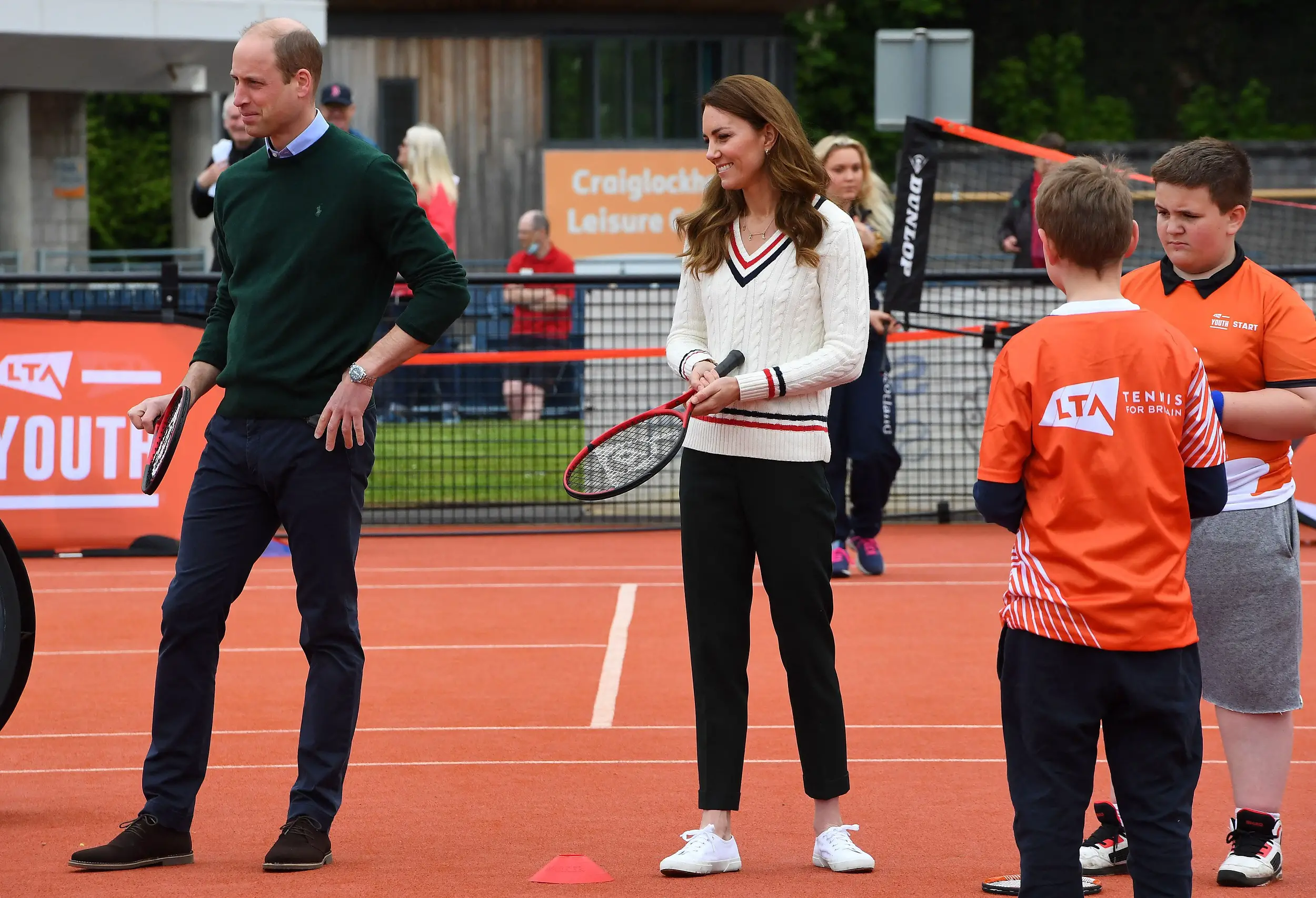 The Duke and Duchess of Cambridge joined children for a set of exercises from the Lawn Tennis Association Youth programme