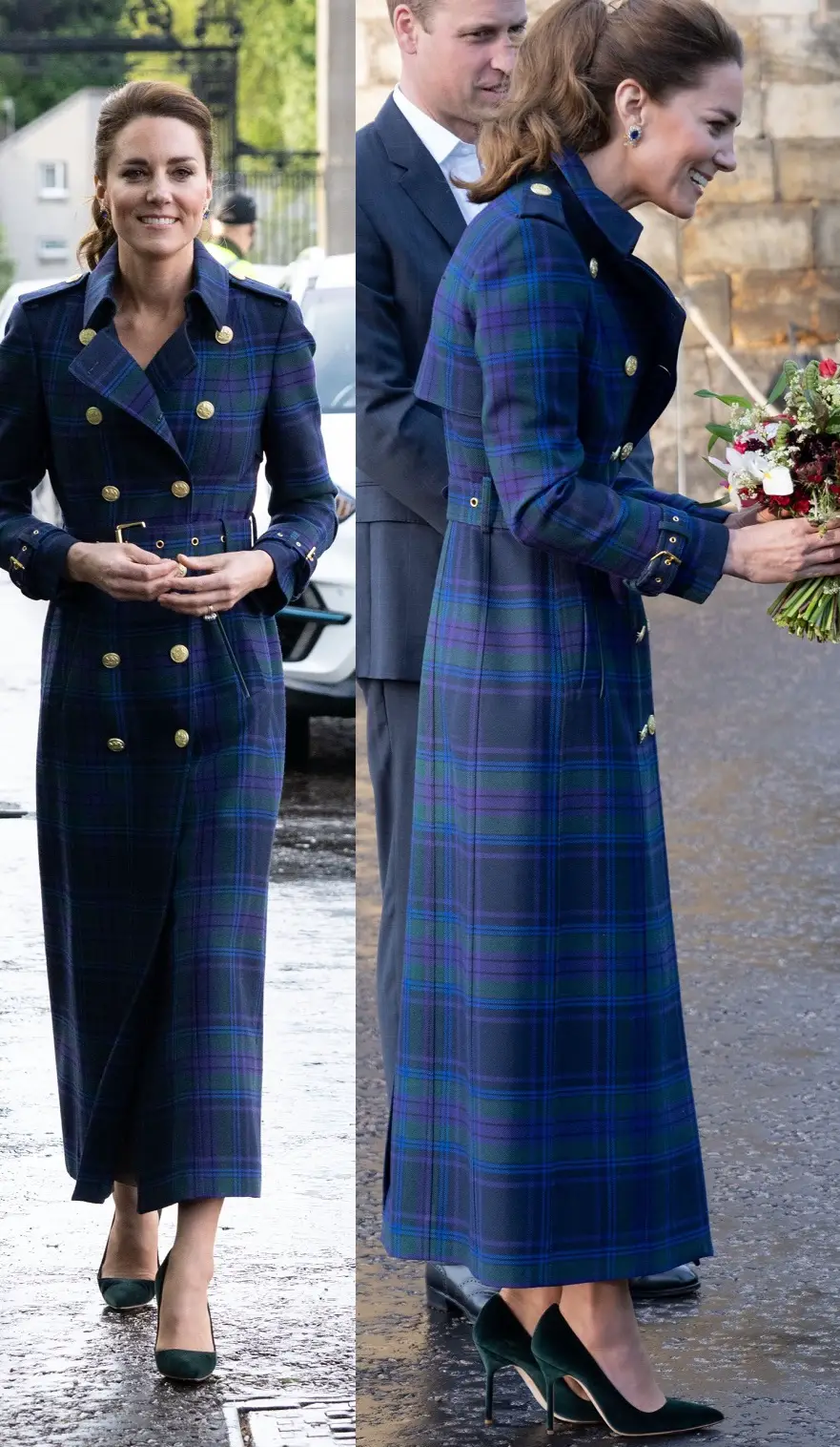 The Duchess of cambridge chose Holland Cooper tartan coat with Queen's earrings for the screening of Cruella at the Palace