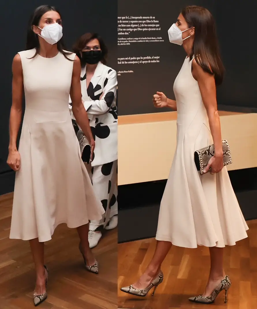 Queen Letizia of Spain wore off-white sleeveless Pedro Del Hierro dress to the opening of "Emilia Pardo Bazán. The challenge of modernity" exhibition