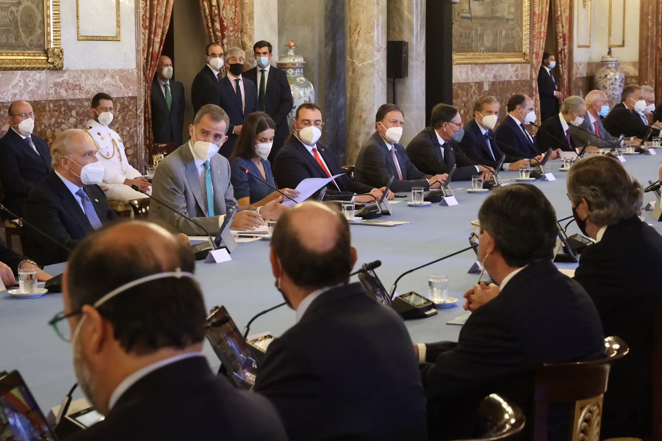 King Felipe and Queen Letizia of Spain at Princess of Asturias Foundation Meeting at The Royal Palace