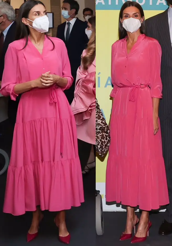Queen Letizia was looking elegant in a pink Hugo Boss Dellisi Maxi Dress.