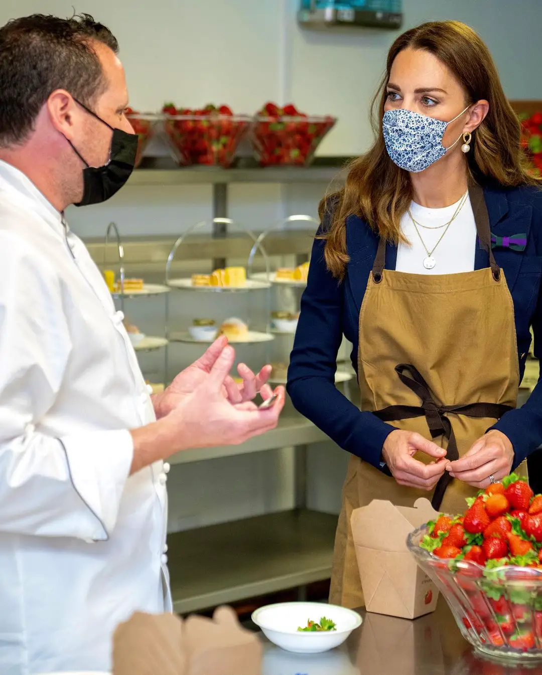 The Duchess of Cambridge met with Executive Chef Adam Fargin in the ground kitchen to learn how the kitchen has been used by the AELTC over the past year to prepare and distribute 200 daily hot meals for the local community in response to the pandemic