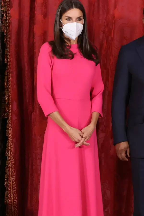 Queen Letizia wore a fuchsia Moises Nieto dress at at lunch with Angola President