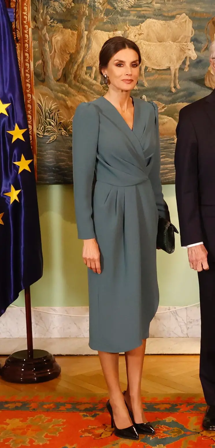 Queen Letizia chose a teal green Cherubina Alessia dress at the last day of Sweden State visit for the reception hosted for Sweden King and Queen
