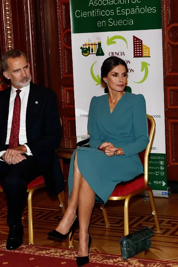 Queen Letizia chose a teal green Cherubina Alessia dress for the last day of Sweden state visit