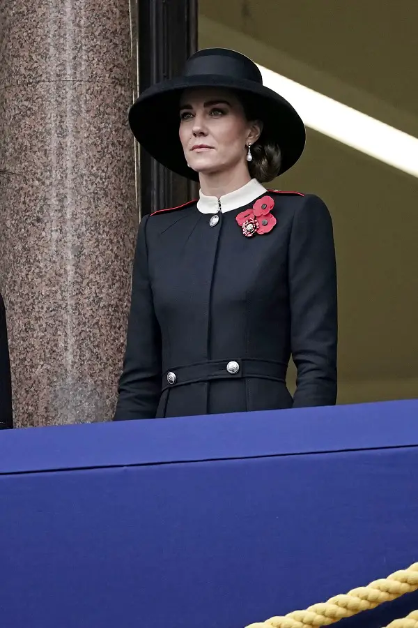 The Duchess of Cambridge chose black Alexander McQueen coat with Lock Co hat for Remembrance Sunday service