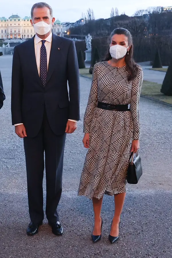 Queen Letizia of Spain wore Pedro Del Hierro Houndstooth Belted Midi Dress for Vienna visit