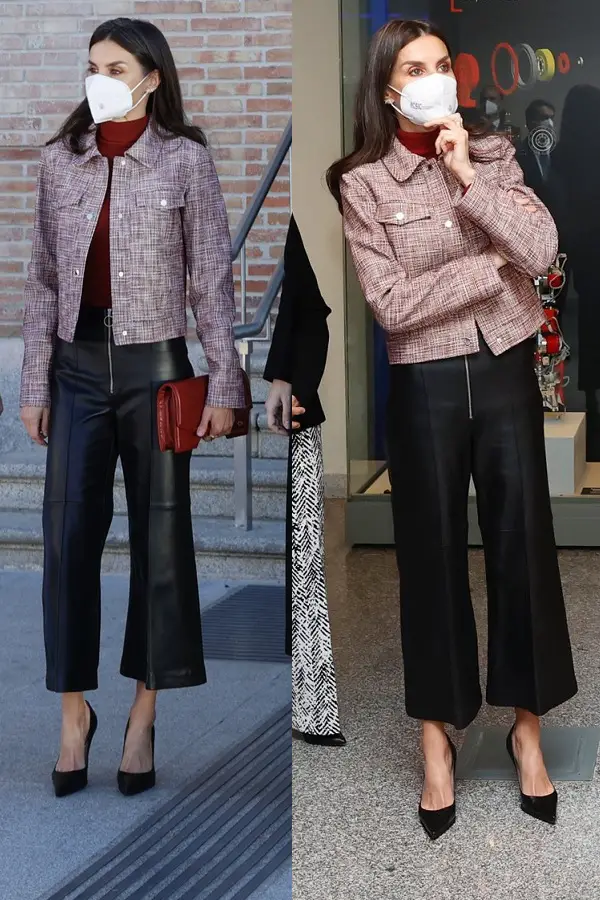 Queen Letizia wore Hugo Boss Purple jacket with red roll neck jumper and Uterque leather culottes to meet Scientists