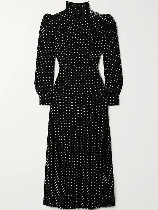 The Duchess of Cambridge wore Alessandra Rich Pleated Polka-dot Silk Crepe De Chine Midi dress