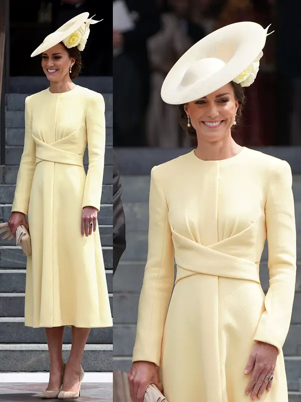 The Duchess of Cambridge wore Emilia Wickstead Primerose Coat Dress at June 2022 Thanksgiving Service during Platinum Jubilee celebrations