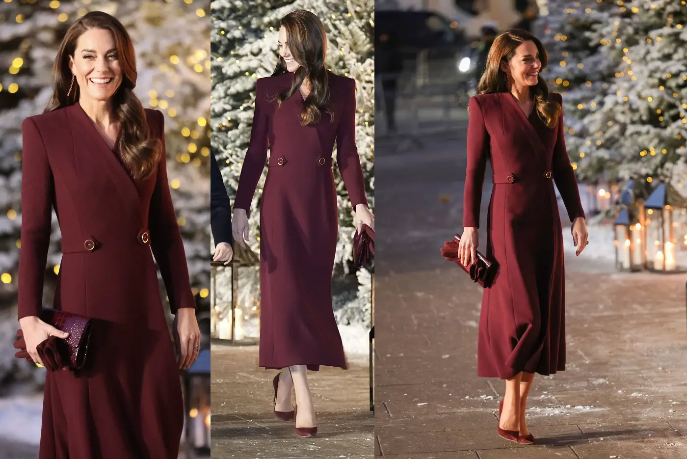 Catherine The Princess of Wales wore Eponine London Chi Chi Burgundy Coat Dress in December 2022 at the Christmas Carol service.