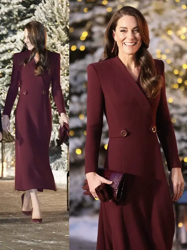 Catherine The Princess of Wales wore Eponine London Chi Chi Burgundy Coat Dress in December 2022 at the Christmas Carol service.