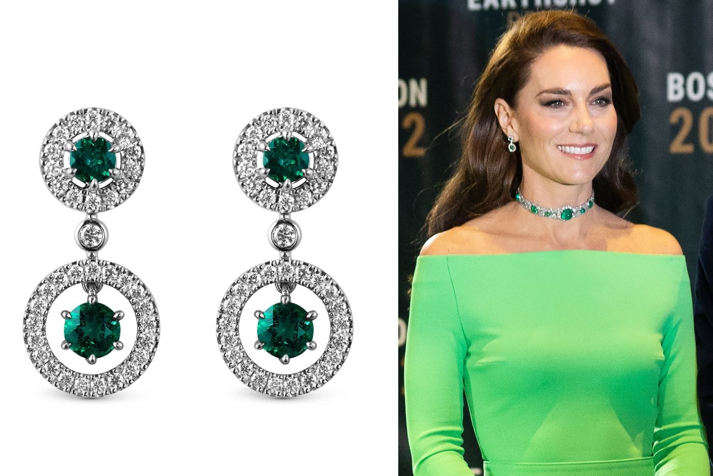 The Princess of Wales Catherine wore Asprey London Emerald and Diamond Halo Earrings in December 2022 at the Eartshot Prize evening