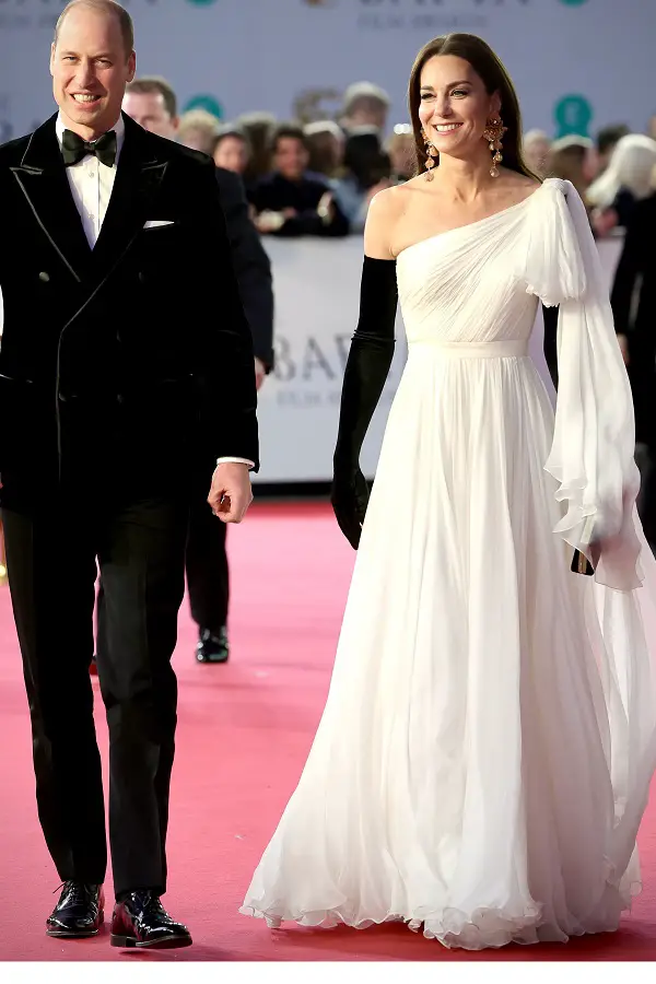 The Princess of Wales in White Grecian style Alexander McQueen gown for BAFTA 2023
