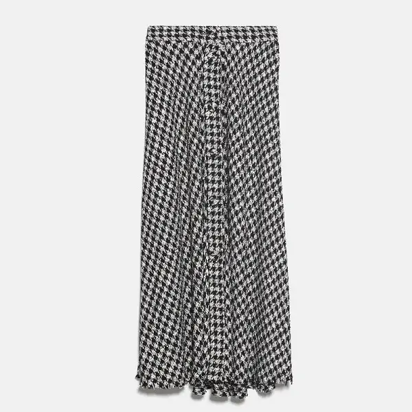 Zara Houndstooth Tweed Midi Skirt