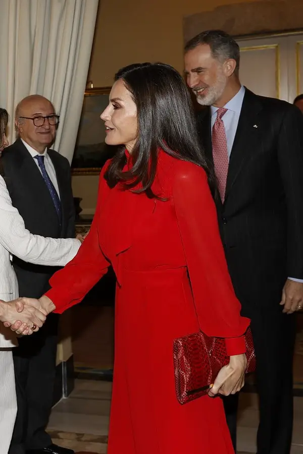 Queen Letizia wore Poete Pussy Bow Midi Dress for a Palace event