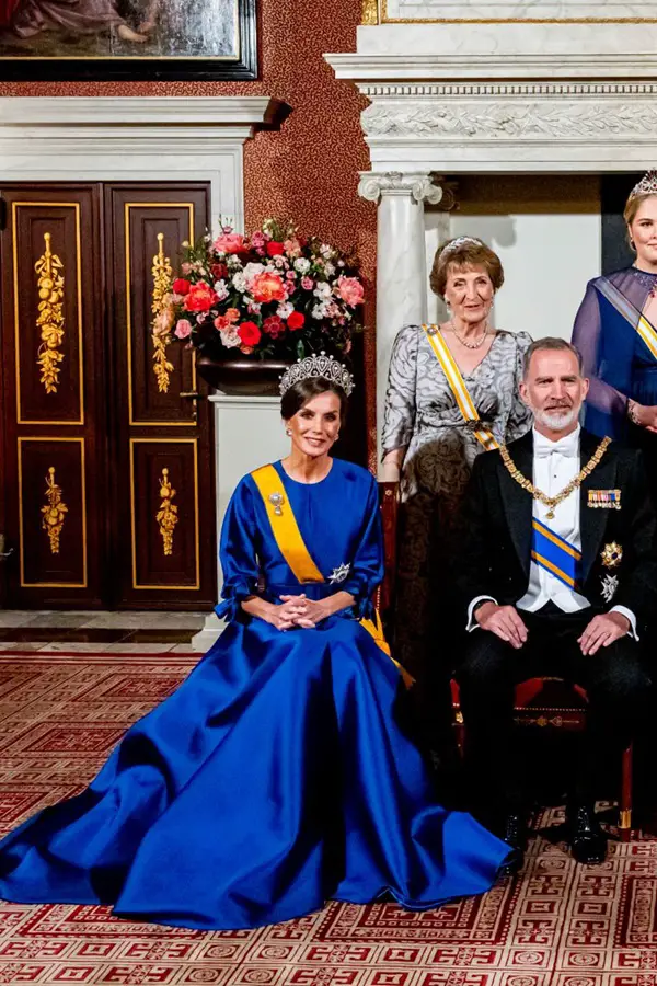 Queen Letizia Dazzled in Blue and Royal Jewels at the Netherlands State Banquet